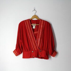 Vintage 80' Andree Gaye red gold embroidered blouse top shoulder pads 5 / 6